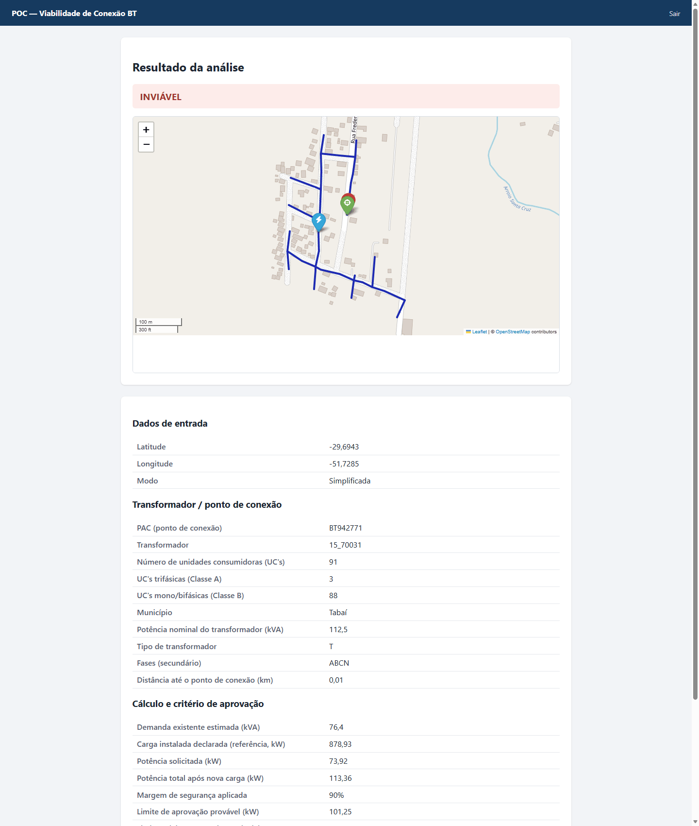 Resultado do ConectaBT com parecer de inviabilidade, com mapa do ponto de conexão e memória de cálculo