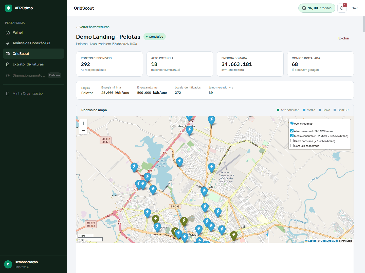 Resultado de uma varredura do GridScout, com indicadores de pontos disponíveis e energia somada, filtros de região e faixa de consumo, e mapa com as unidades consumidoras candidatas